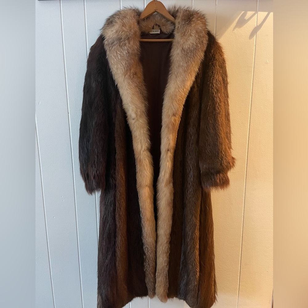 Vintage 1970s Full Length Beaver Coat with Crystal Fox Trim - Genuine